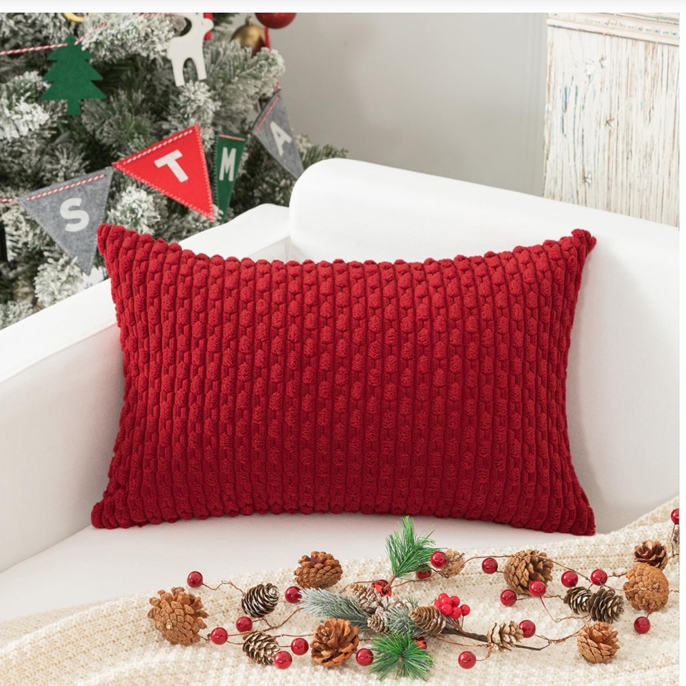 Holiday RED Corduroy Lumbar Accent Pillow Cover 24x12” (1-count)